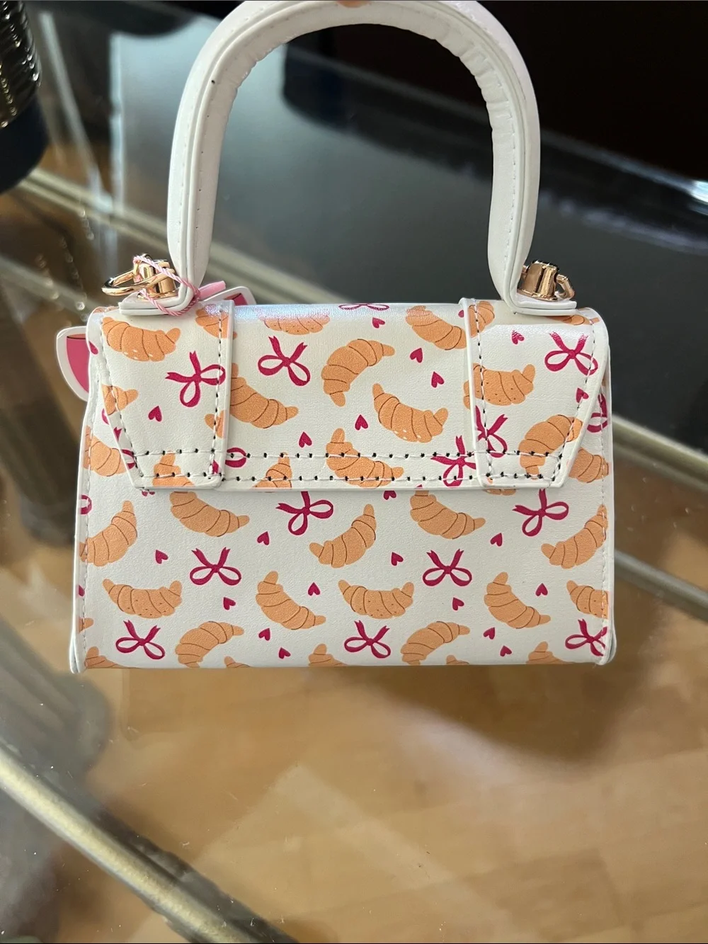 White Croissant Print Kids Mini Handbag with Pink Bow Charm